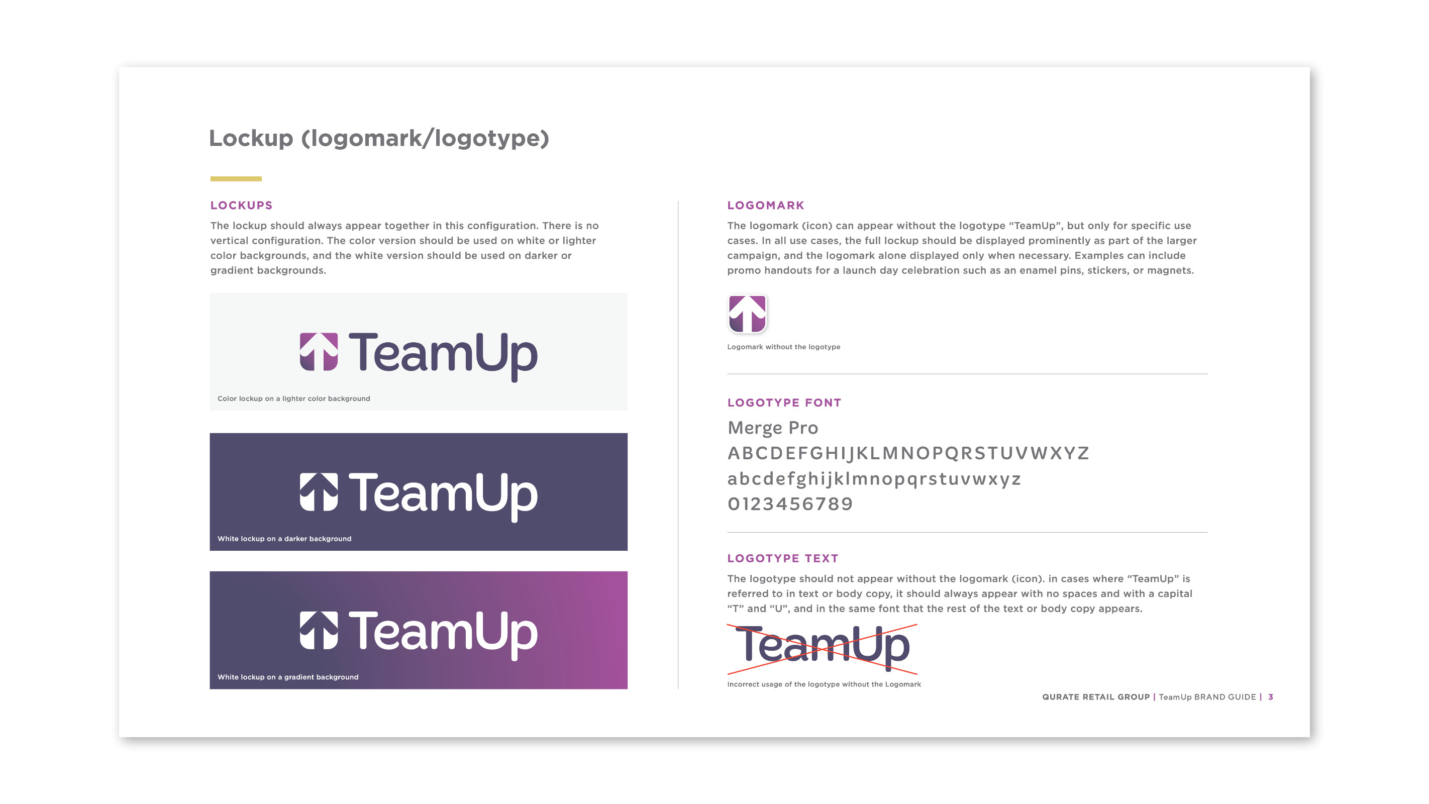 Brand style guide for TeamUp lockup, logomark, and logotype page.