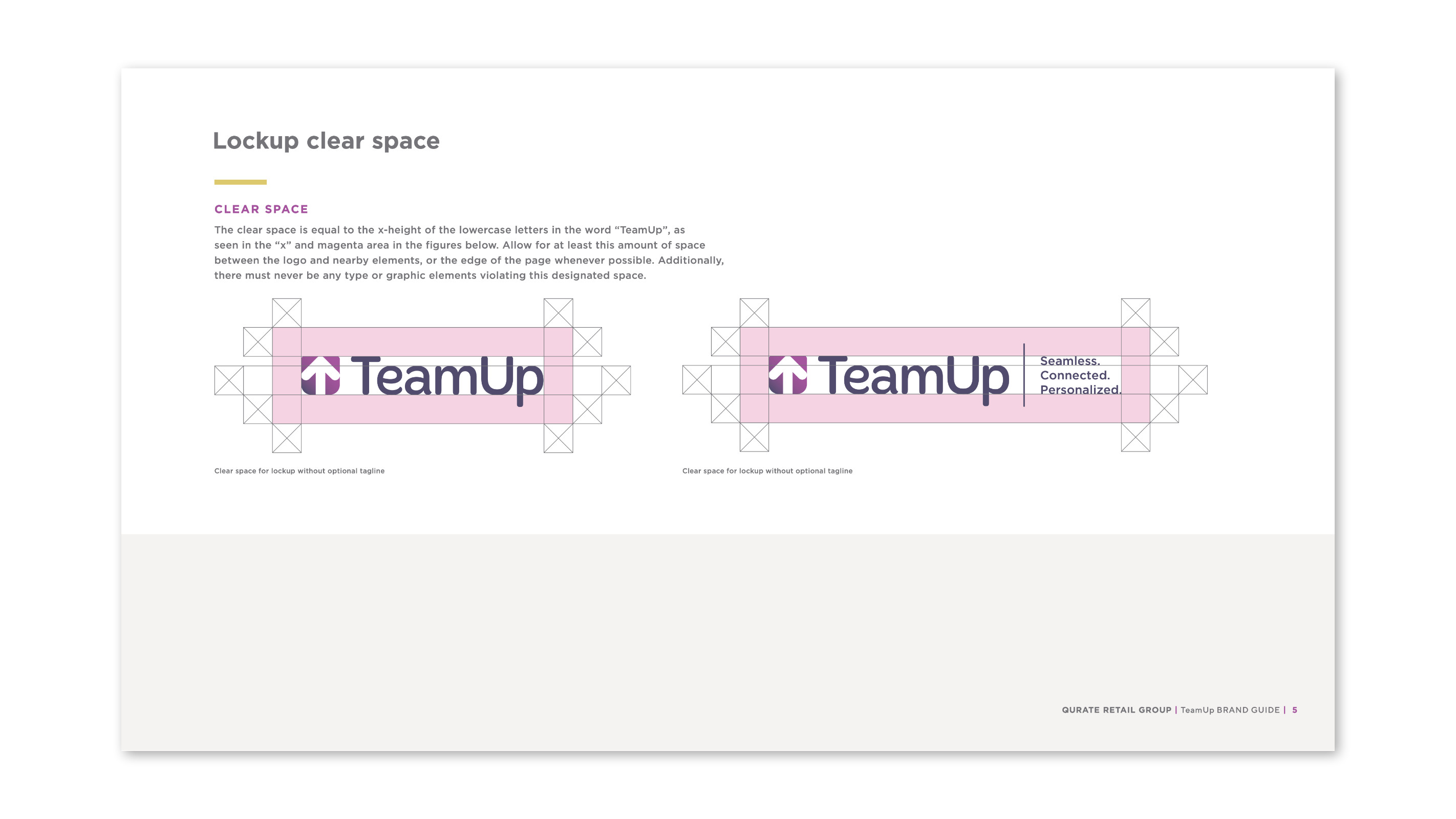 Brand style guide for TeamUp lockup, and clear space page.