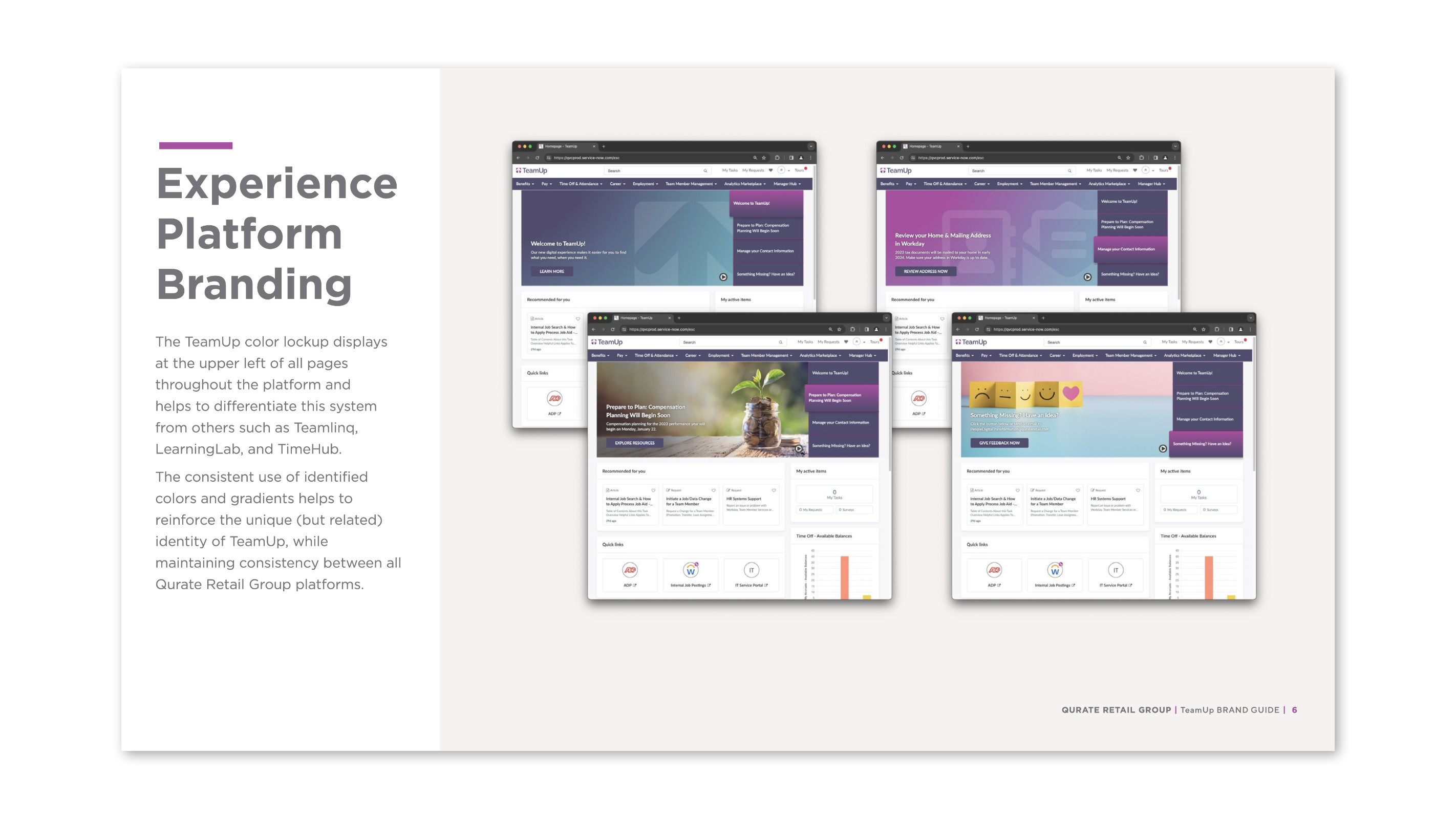 Brand style guide for TeamUp experience platform branding page.