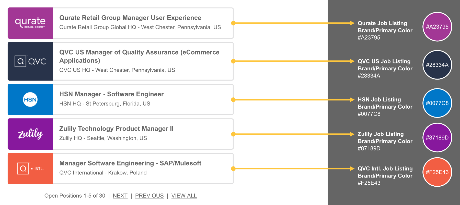 Careers site job search results and filtering layout and colors specifications.
