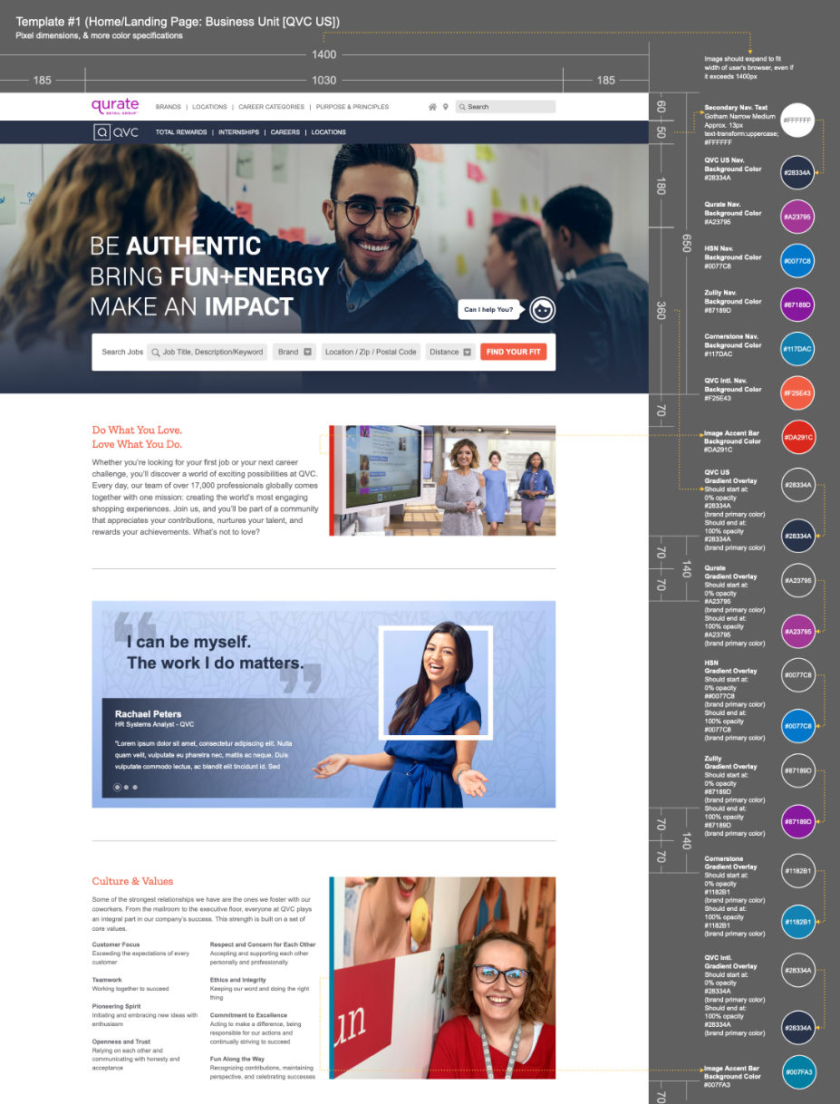 QVC US landing page layout and colors specifications.