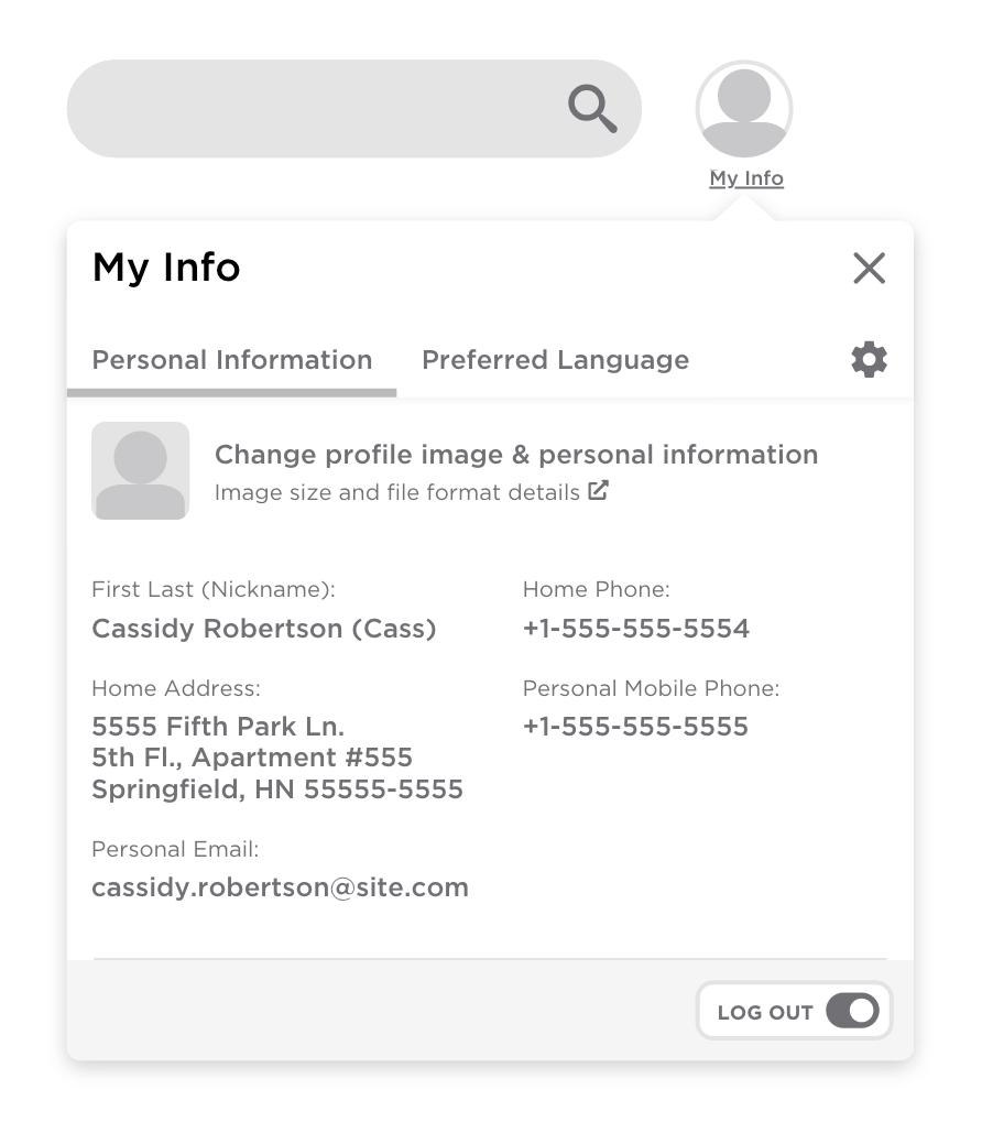 Mock up for the portal's personal information (PI) widget with user name, address, phone number, etc..