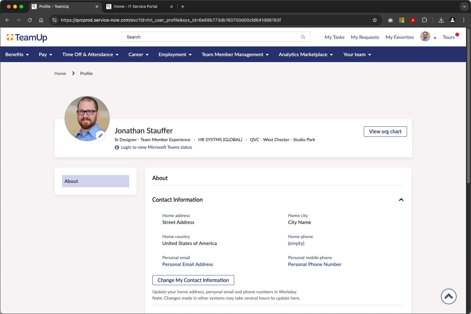 Final portal view of the profile page with integrated personal information from Workday (the PI system of record), and deep Workday system links to change the information directly in Workday.