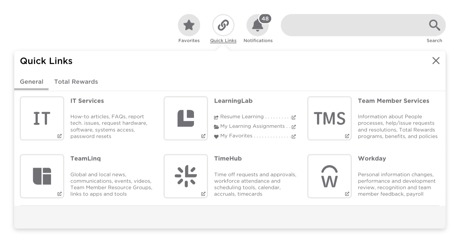 Mock up for the portal's external system application and Quick Links.