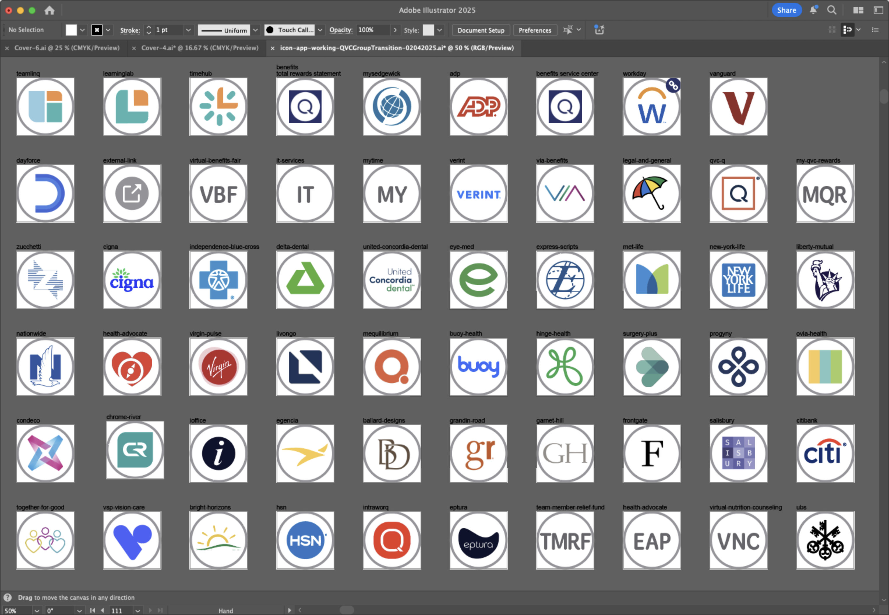 Adobe Illustrator artboards for the individual logos used as icons for the My Applications launcher.