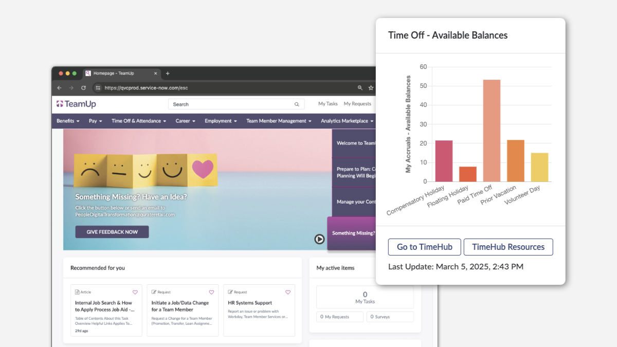 HR portal desktop screenshot and time keeping widget.