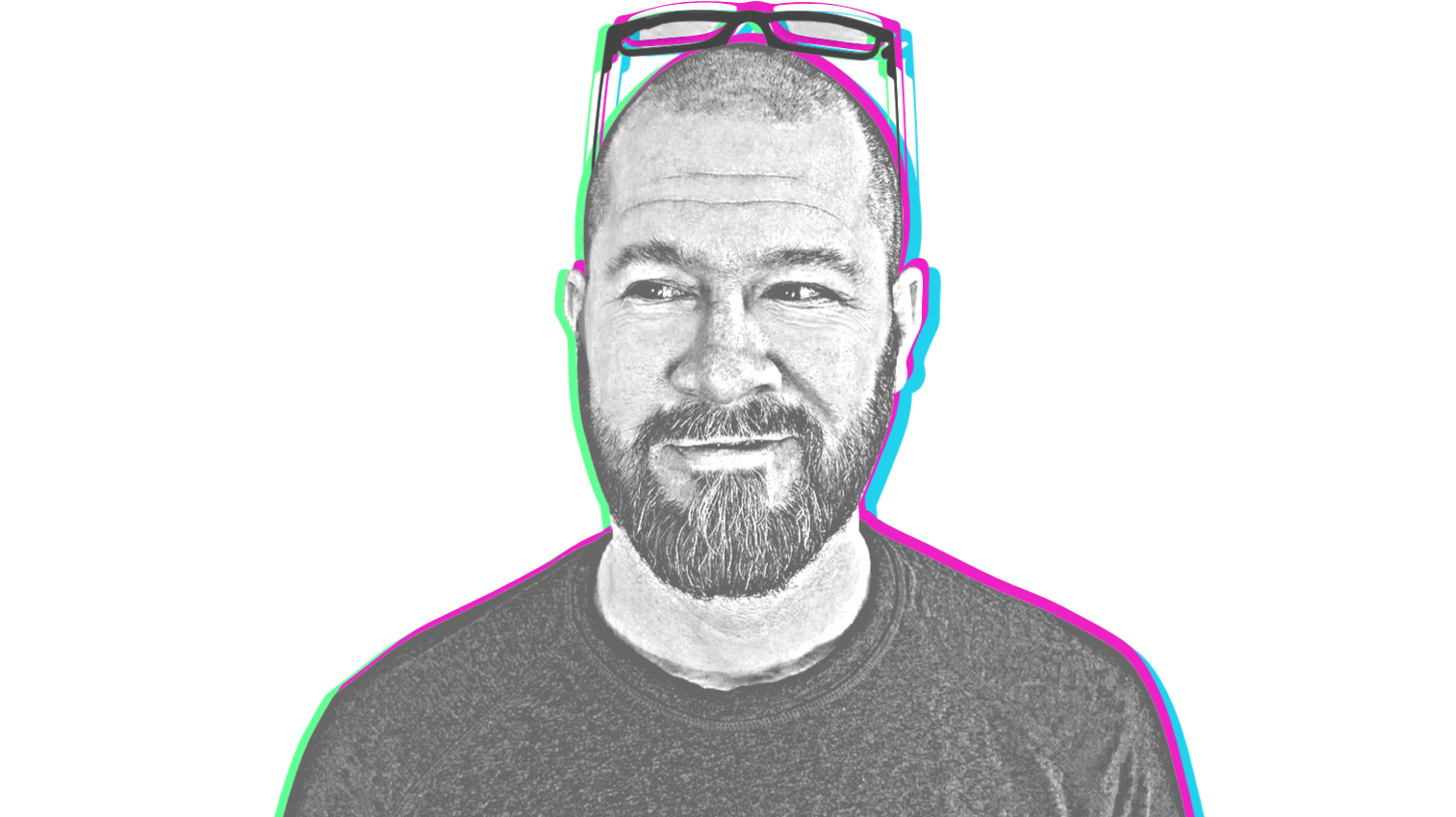 Black and white, illustrated image of Jonathan Stauffer